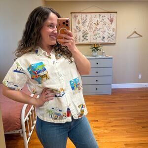 Vintage Hot Cotton by Marc Ware White Cotton Linen Summer Printed Top Large